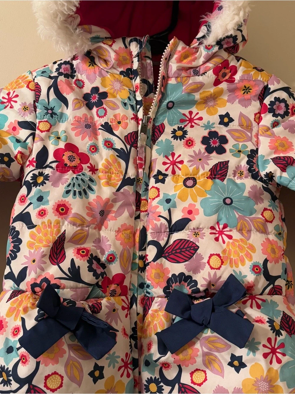 Girls Puffer Hooded Coat with Pink Floral Print Size 24M / 2T